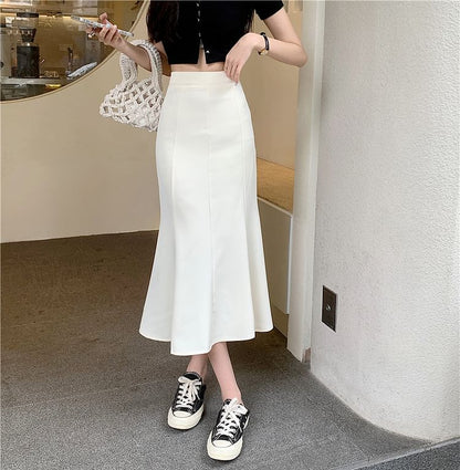 High Waist Solid Midi A-Line Skirt