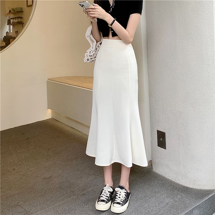 High Waist Solid Midi A-Line Skirt