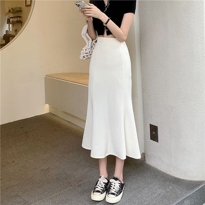 High Waist Solid Midi A-Line Skirt