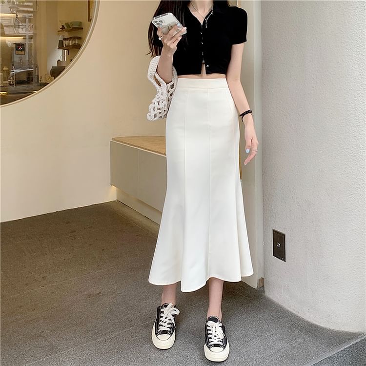 High Waist Solid Midi A-Line Skirt