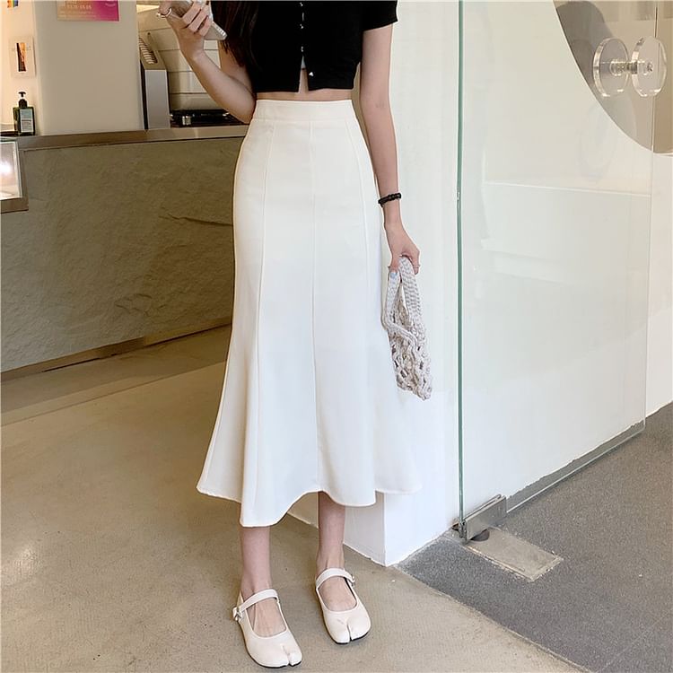 High Waist Solid Midi A-Line Skirt