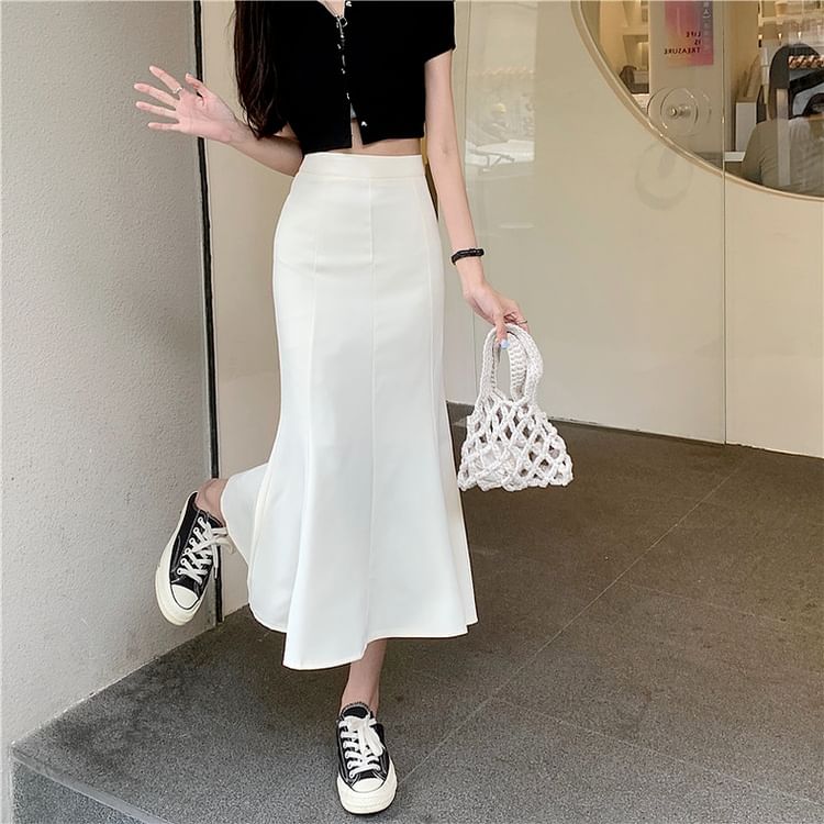 High Waist Solid Midi A-Line Skirt