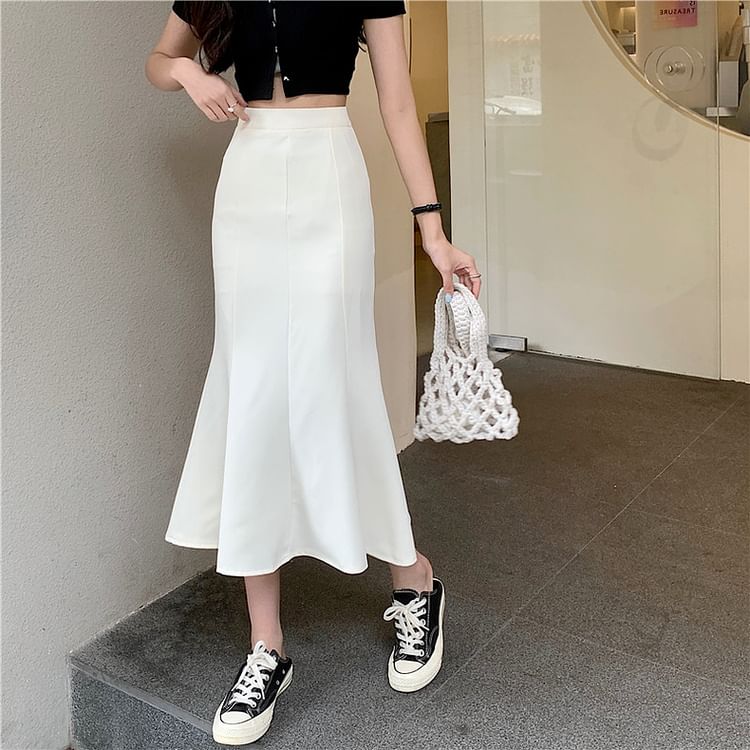 High Waist Solid Midi A-Line Skirt