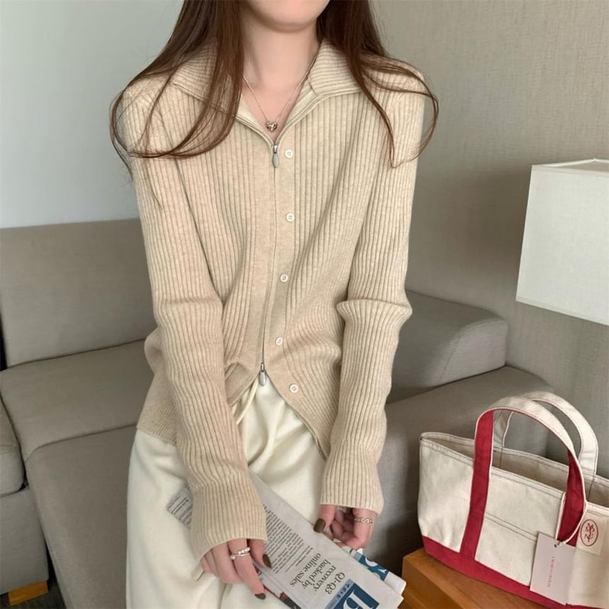 Long Sleeve Plain Ribbed-Knit Slim-Fit Cardigan