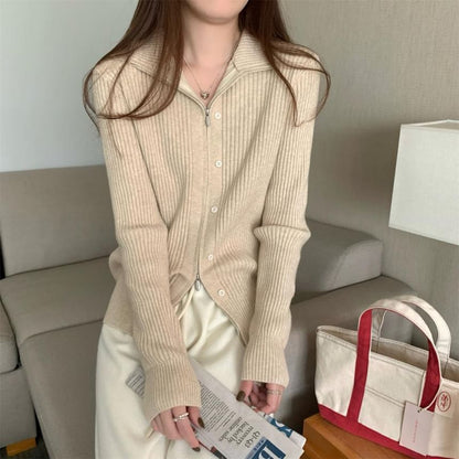 Long Sleeve Plain Ribbed-Knit Slim-Fit Cardigan