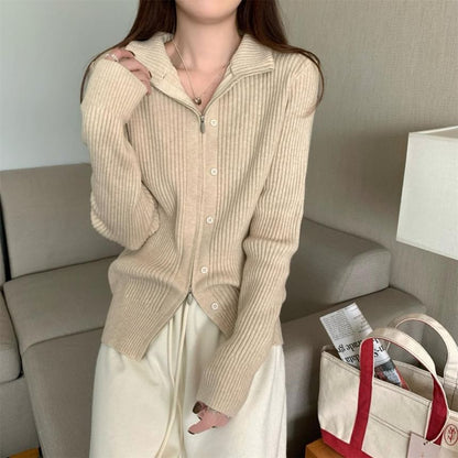 Long Sleeve Plain Ribbed-Knit Slim-Fit Cardigan