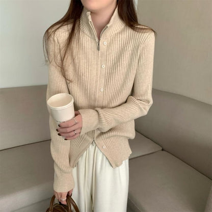 Long Sleeve Plain Ribbed-Knit Slim-Fit Cardigan