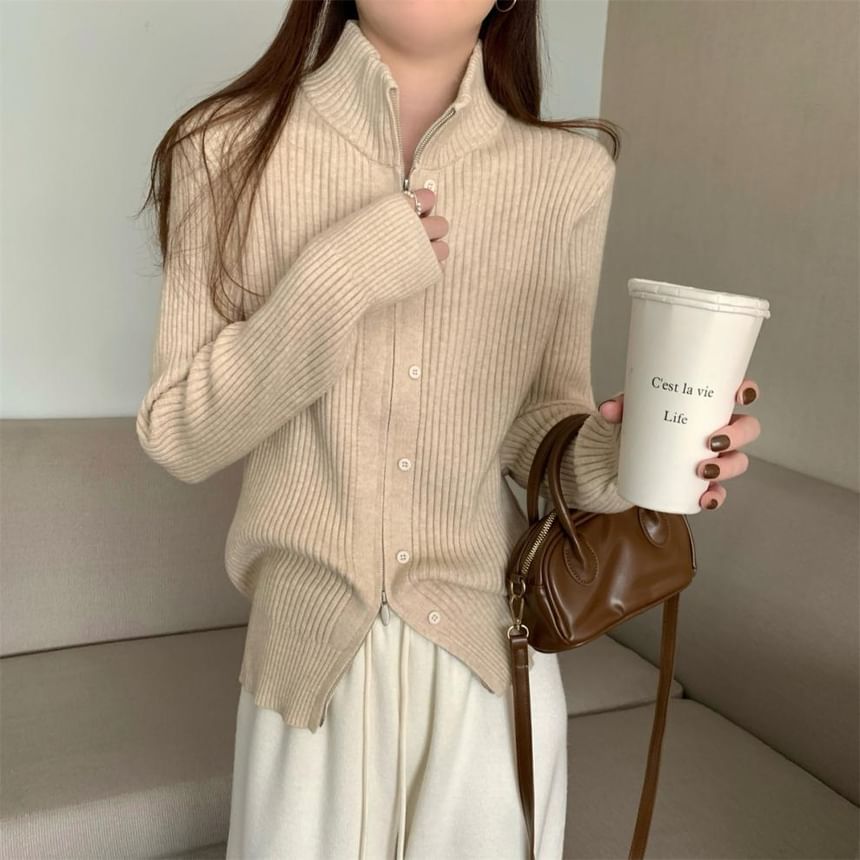 Long Sleeve Plain Ribbed-Knit Slim-Fit Cardigan