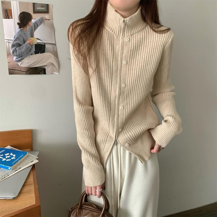 Long Sleeve Plain Ribbed-Knit Slim-Fit Cardigan