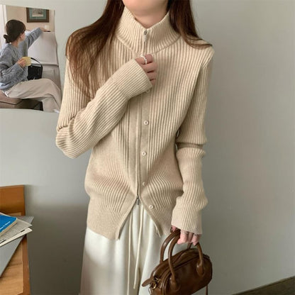 Long Sleeve Plain Ribbed-Knit Slim-Fit Cardigan