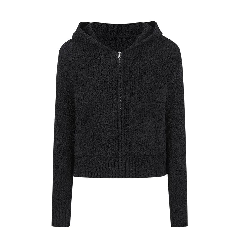 Long Sleeve V-Neck Plain Hooded Zip-Up Cardigan