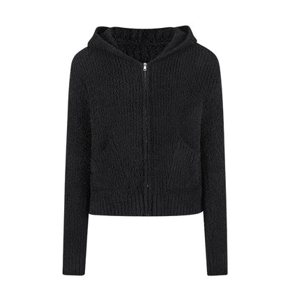 Long Sleeve V-Neck Plain Hooded Zip-Up Cardigan