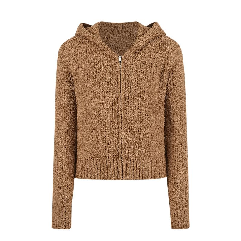 Long Sleeve V-Neck Plain Hooded Zip-Up Cardigan