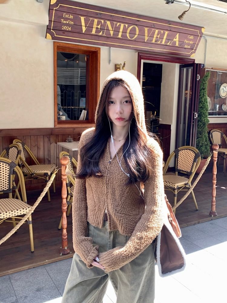 Long Sleeve V-Neck Plain Hooded Zip-Up Cardigan