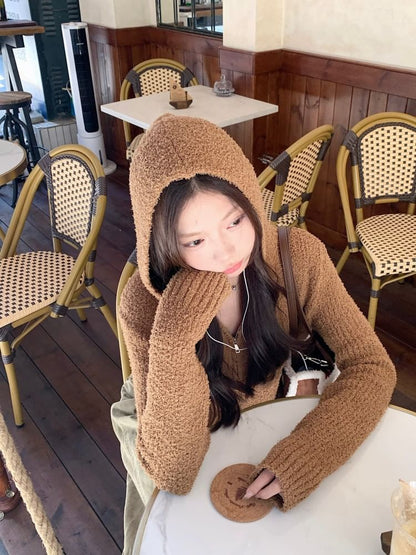 Long Sleeve V-Neck Plain Hooded Zip-Up Cardigan