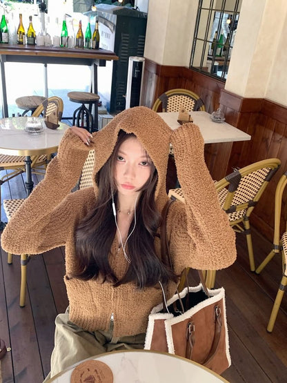 Long Sleeve V-Neck Plain Hooded Zip-Up Cardigan