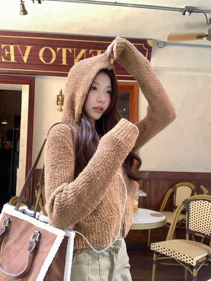 Long Sleeve V-Neck Plain Hooded Zip-Up Cardigan