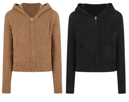 Long Sleeve V-Neck Plain Hooded Zip-Up Cardigan