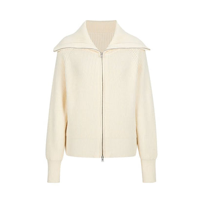 Long Sleeve Collared Plain Zip-Up Cardigan