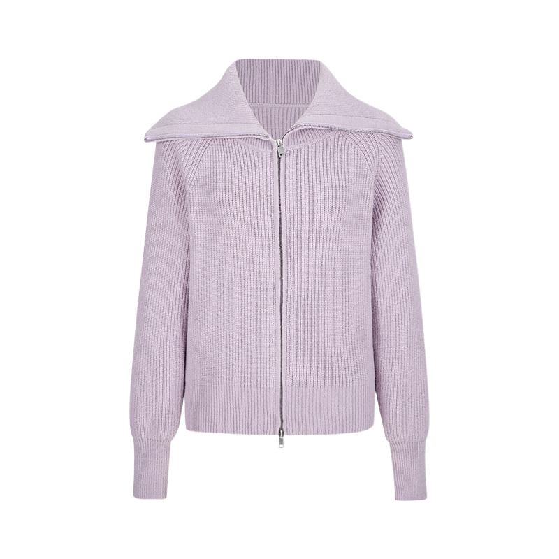 Long Sleeve Collared Plain Zip-Up Cardigan