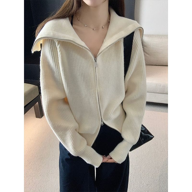 Long Sleeve Collared Plain Zip-Up Cardigan