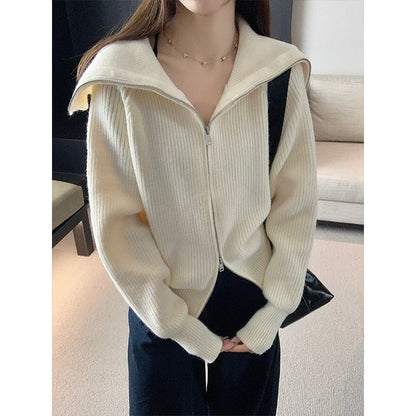 Long Sleeve Collared Plain Zip-Up Cardigan