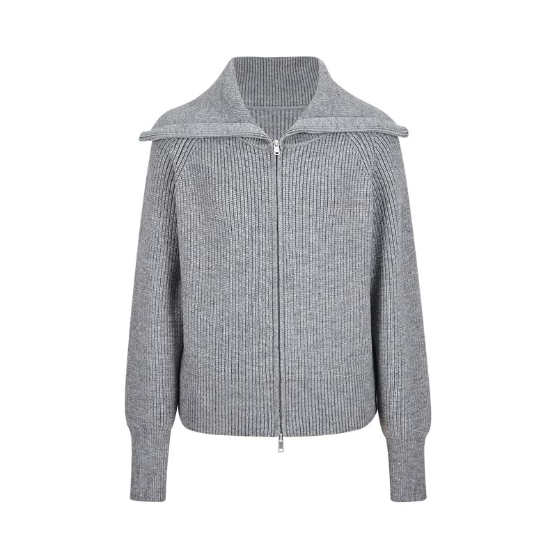 Long Sleeve Collared Plain Zip-Up Cardigan