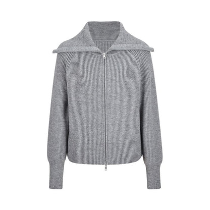 Long Sleeve Collared Plain Zip-Up Cardigan
