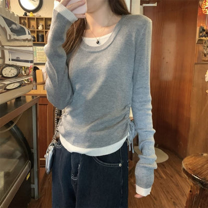 Long Sleeve Mock Two-Piece Color-Block Knit Top with Drawstring
