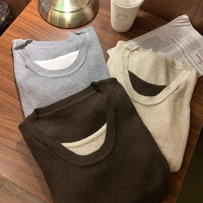 Long Sleeve Mock Two-Piece Color-Block Knit Top with Drawstring