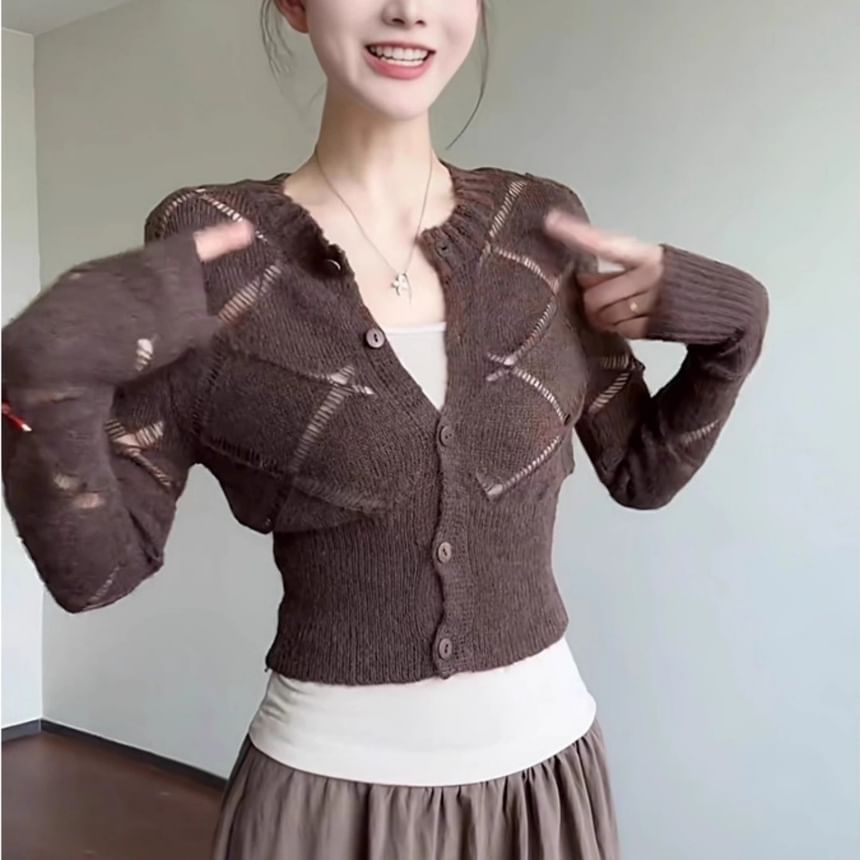 Long Sleeve V-Neck Argyle Slim-Fit Crop Cardigan