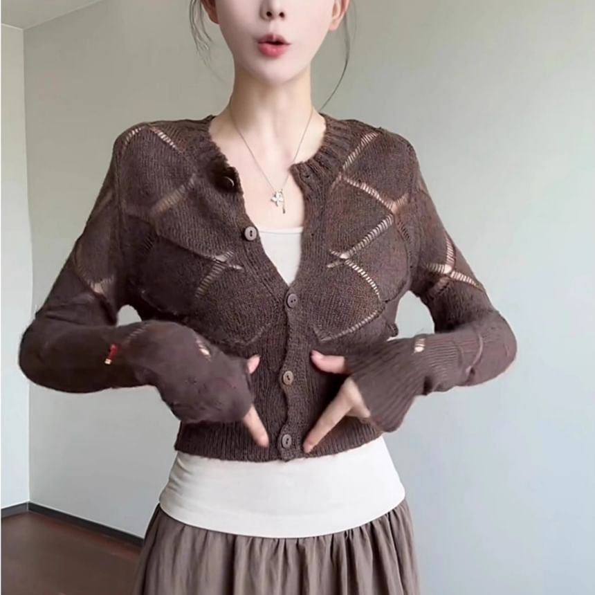 Long Sleeve V-Neck Argyle Slim-Fit Crop Cardigan