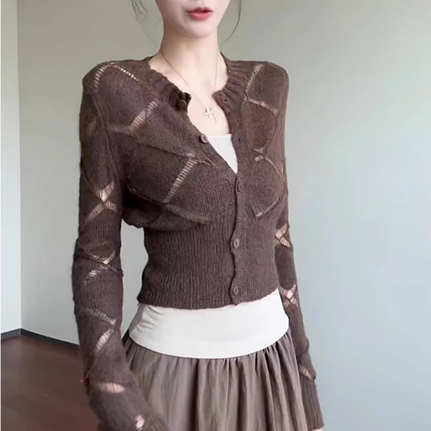 Long Sleeve V-Neck Argyle Slim-Fit Crop Cardigan