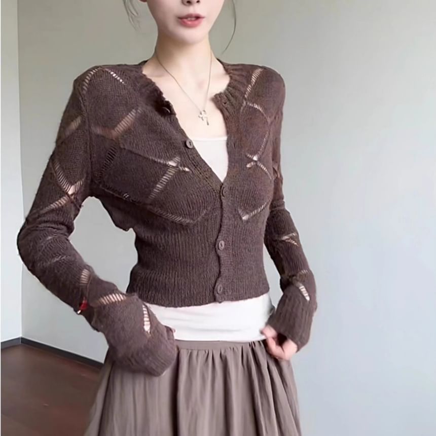 Long Sleeve V-Neck Argyle Slim-Fit Crop Cardigan