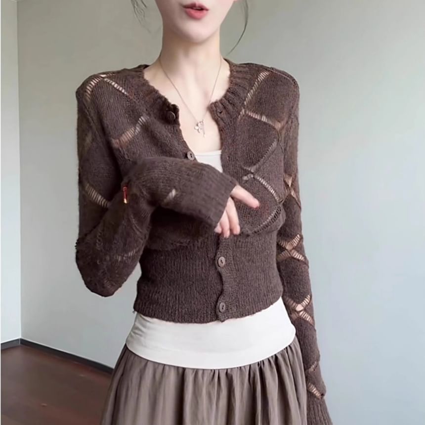 Long Sleeve V-Neck Argyle Slim-Fit Crop Cardigan