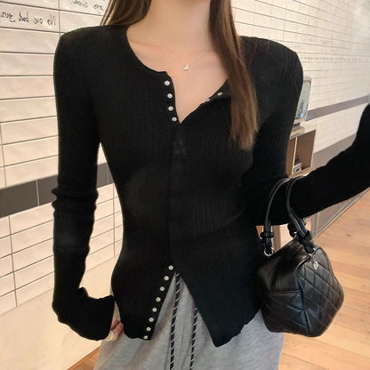 Long Sleeve Scoop Neck Plain Slim-Fit Cardigan