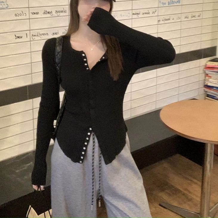 Long Sleeve Scoop Neck Plain Slim-Fit Cardigan