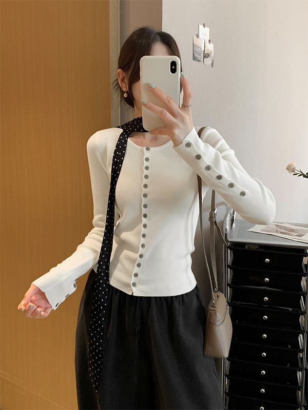 Long Sleeve V-Neck Plain Slim-Fit Cardigan