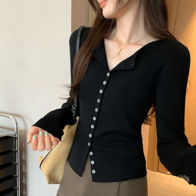 Long Sleeve V-Neck Plain Slim-Fit Cardigan