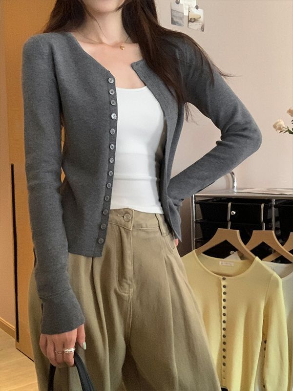 Long Sleeve V-Neck Plain Slim-Fit Cardigan