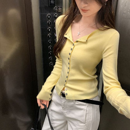 Long Sleeve V-Neck Plain Slim-Fit Cardigan