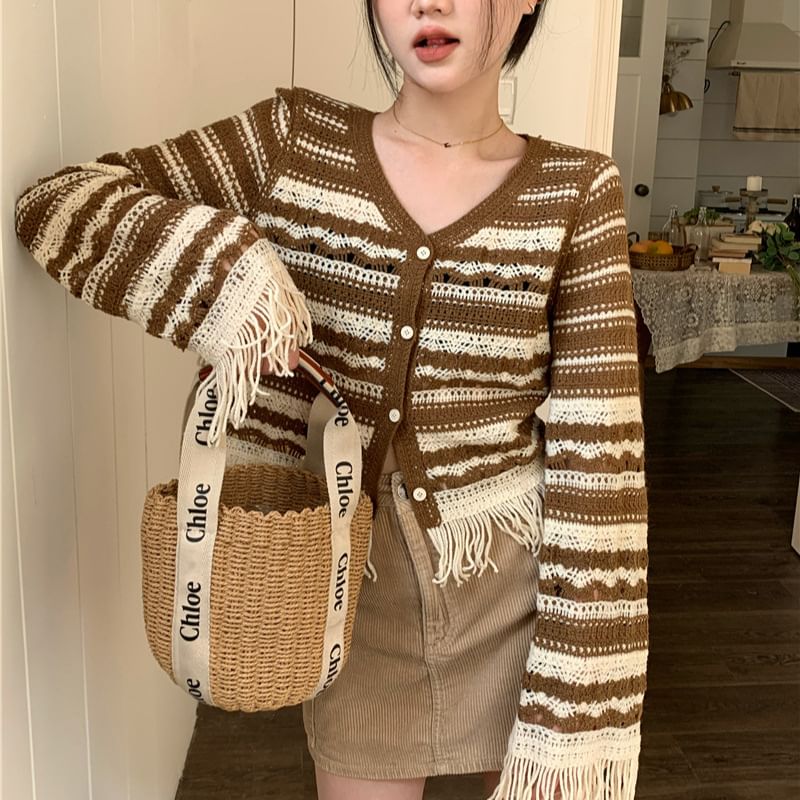 Bell Sleeve V-Neck Striped Crochet-Knit Tassel Cardigan