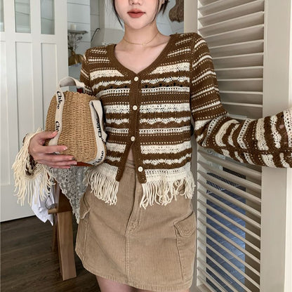 Bell Sleeve V-Neck Striped Crochet-Knit Tassel Cardigan