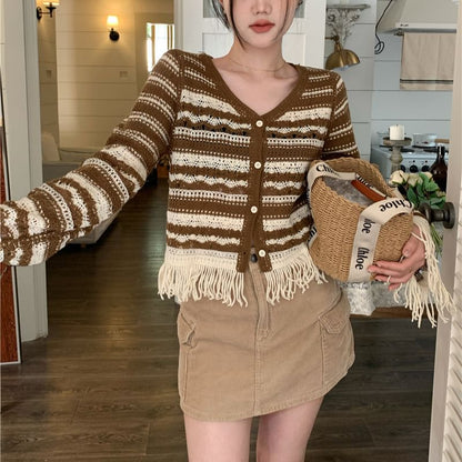 Bell Sleeve V-Neck Striped Crochet-Knit Tassel Cardigan