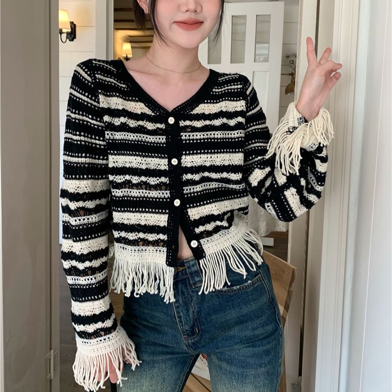 Bell Sleeve V-Neck Striped Crochet-Knit Tassel Cardigan