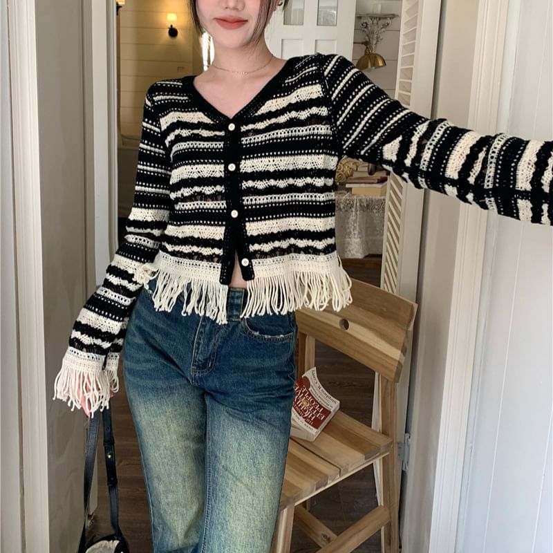 Bell Sleeve V-Neck Striped Crochet-Knit Tassel Cardigan