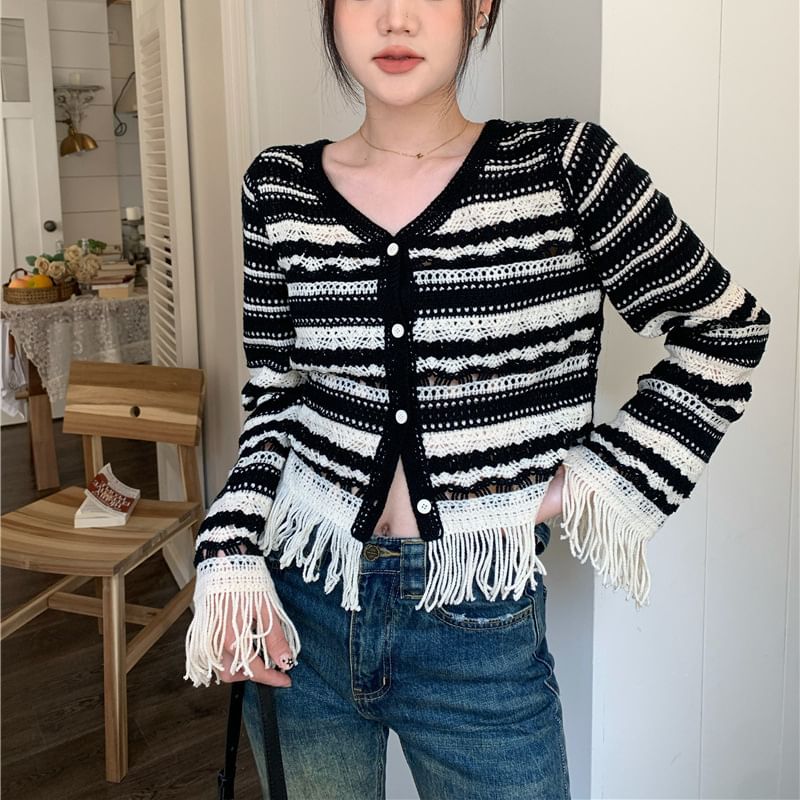 Bell Sleeve V-Neck Striped Crochet-Knit Tassel Cardigan