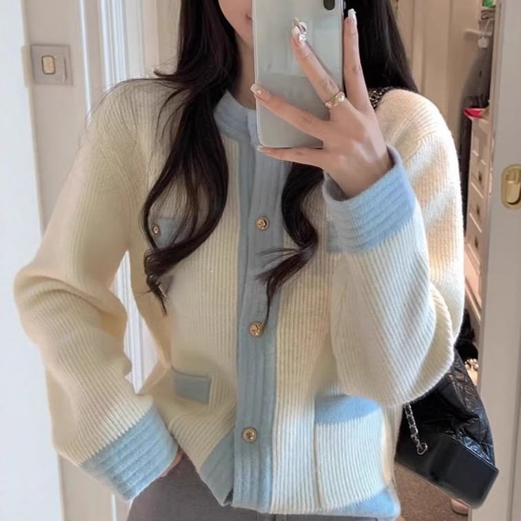 Round Neck Two Tone Cardigan