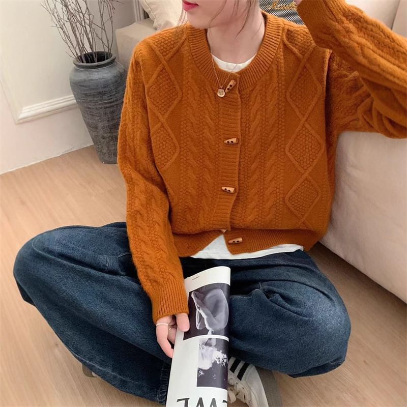 Round Neck Plain Cable Knit Toggle Cardigan