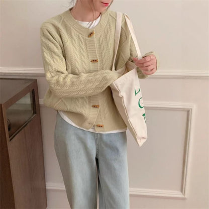 Round Neck Plain Cable Knit Toggle Cardigan